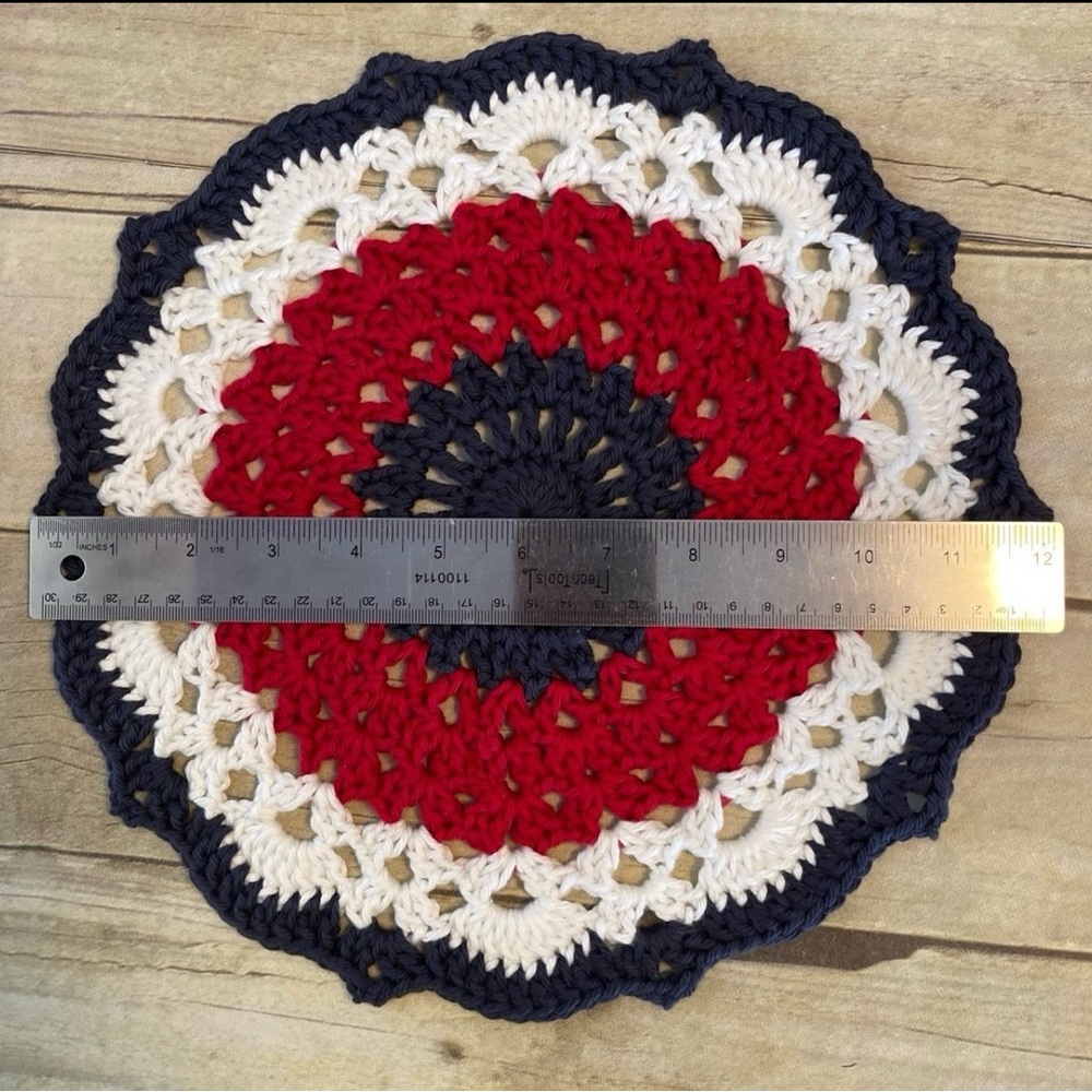12 Inch Red White & Dark Blue Cotton Doily Americana Decor Centerpiece - Picture 3 of 3